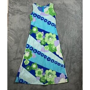 Vintage 70s Malihini Hawaiian Maxi Dress Women's L Blue Green A-Line Aloha Rare